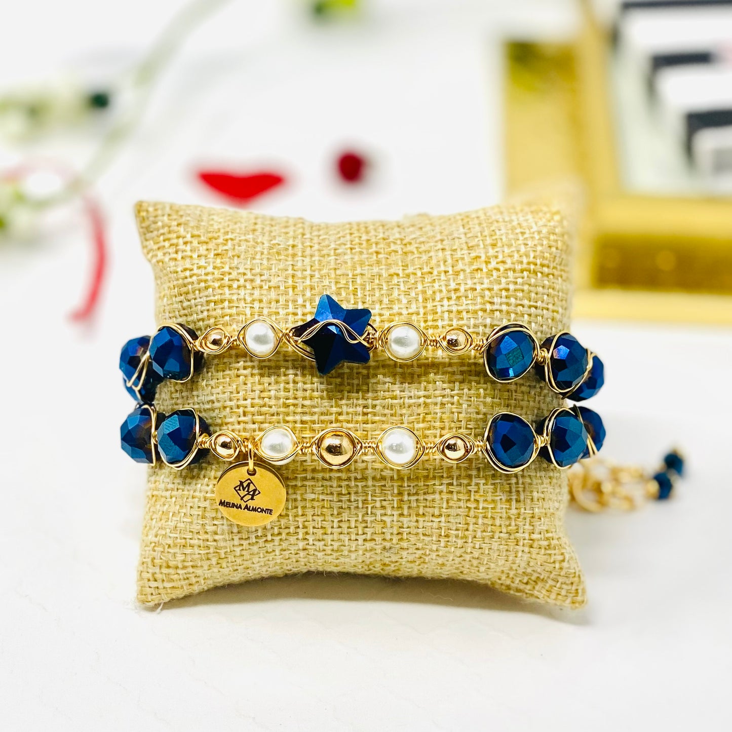 Pearl And Blue Czech Beaded Bracelet Set