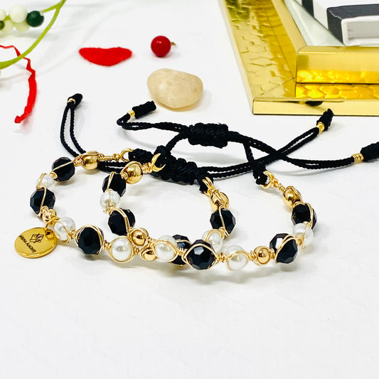 PEARL AND BLACK CRYSTAL BEADED BRACELET SET