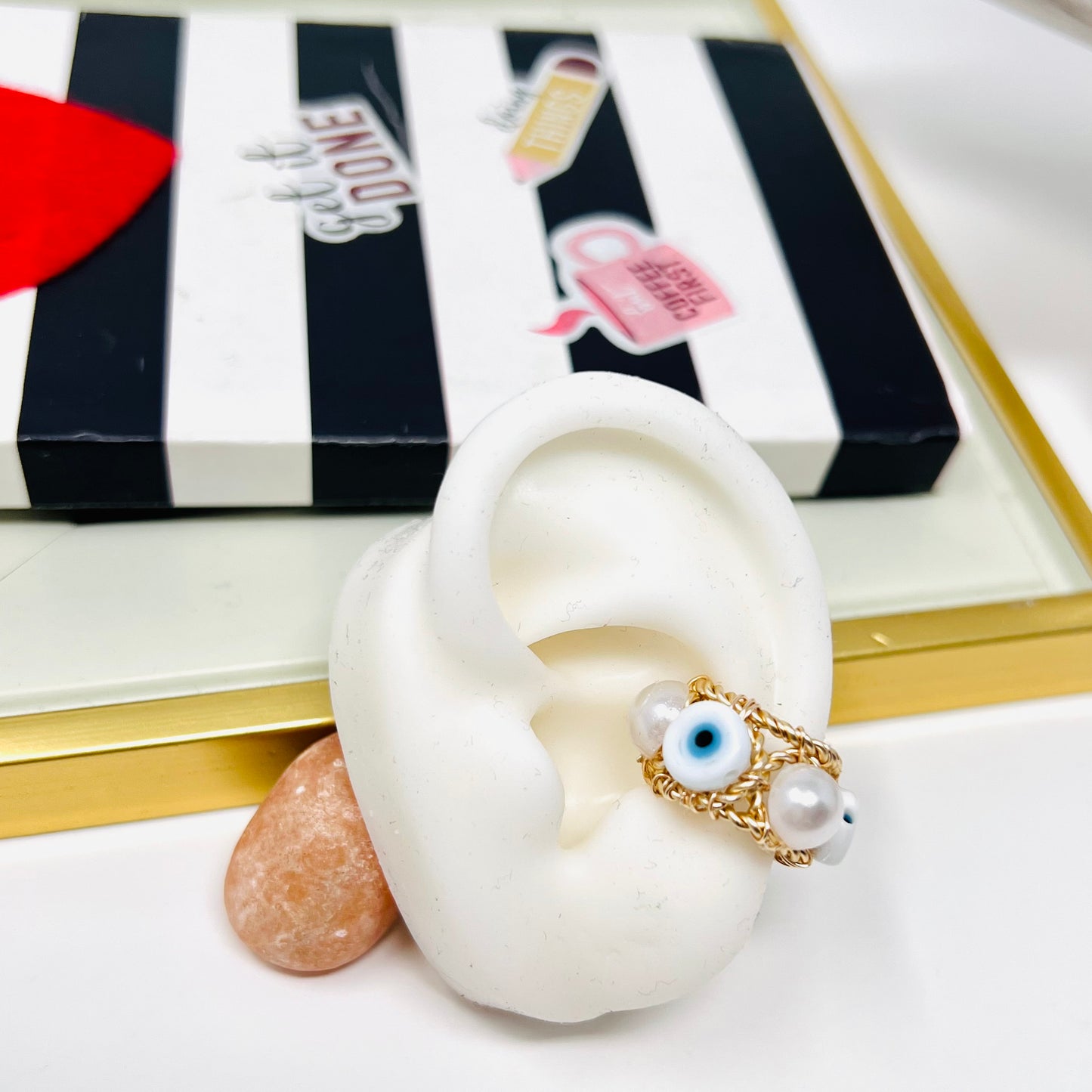 Gold ear cuffs, ear cuff no piercing, evil eye ear cuff earring, Thick ear cuff, handmade embroidery ear cuff, ear cuff lapis, Ring ear cuff