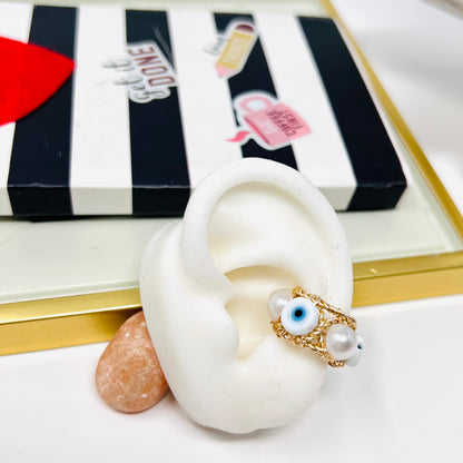 Gold ear cuffs, ear cuff no piercing, evil eye ear cuff earring, Thick ear cuff, handmade embroidery ear cuff, ear cuff lapis, Ring ear cuff