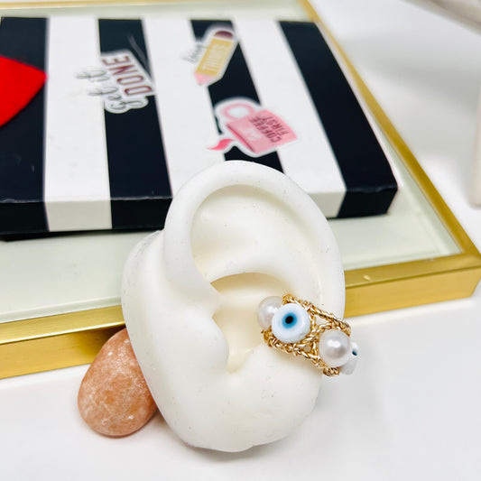 Gold ear cuffs, ear cuff no piercing, evil eye ear cuff earring, Thick ear cuff, handmade embroidery ear cuff, ear cuff lapis, Ring ear cuff