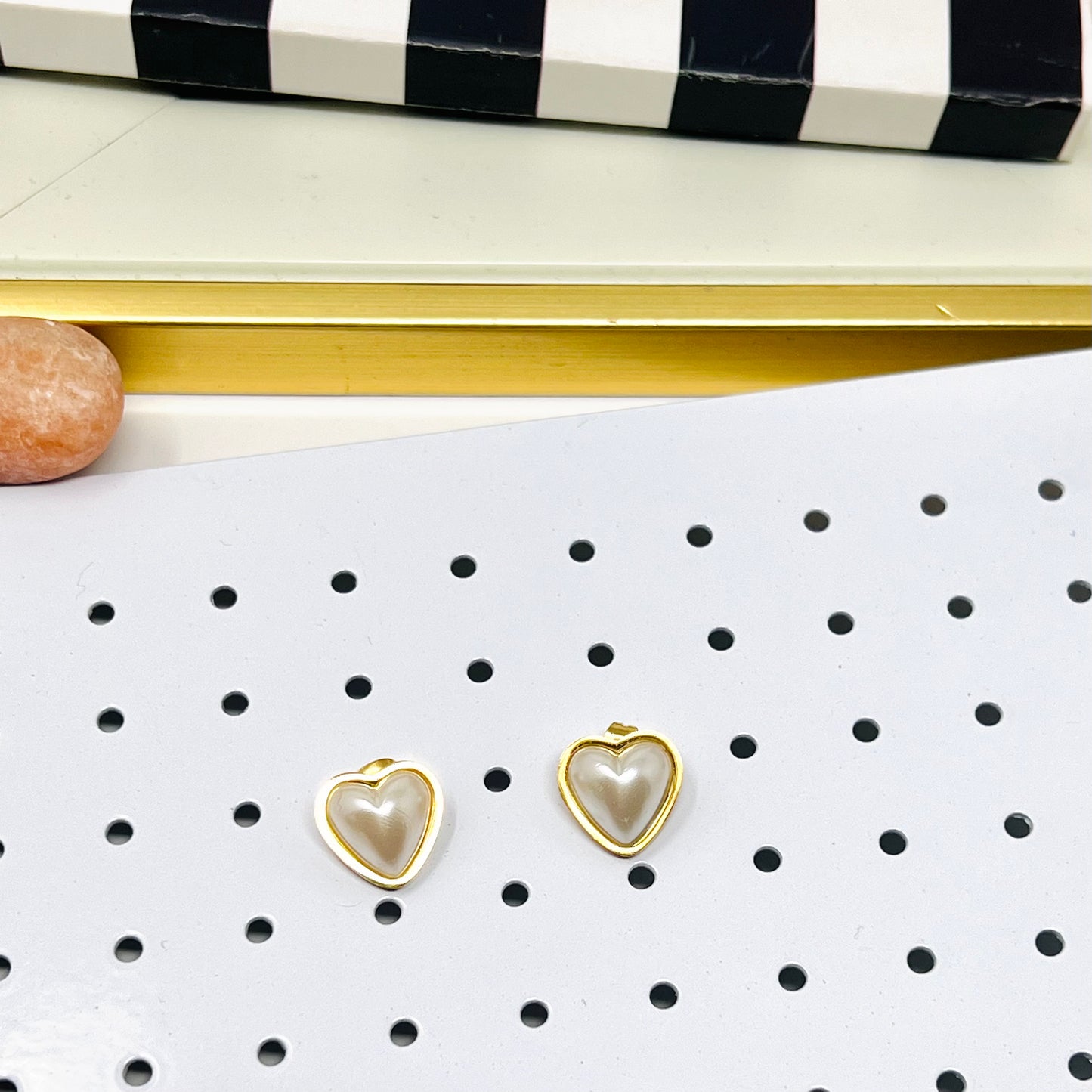 Stainless Steel Pearl Heart Stud Earrings, Dainty Gold Earrings, Post Earrings For Women