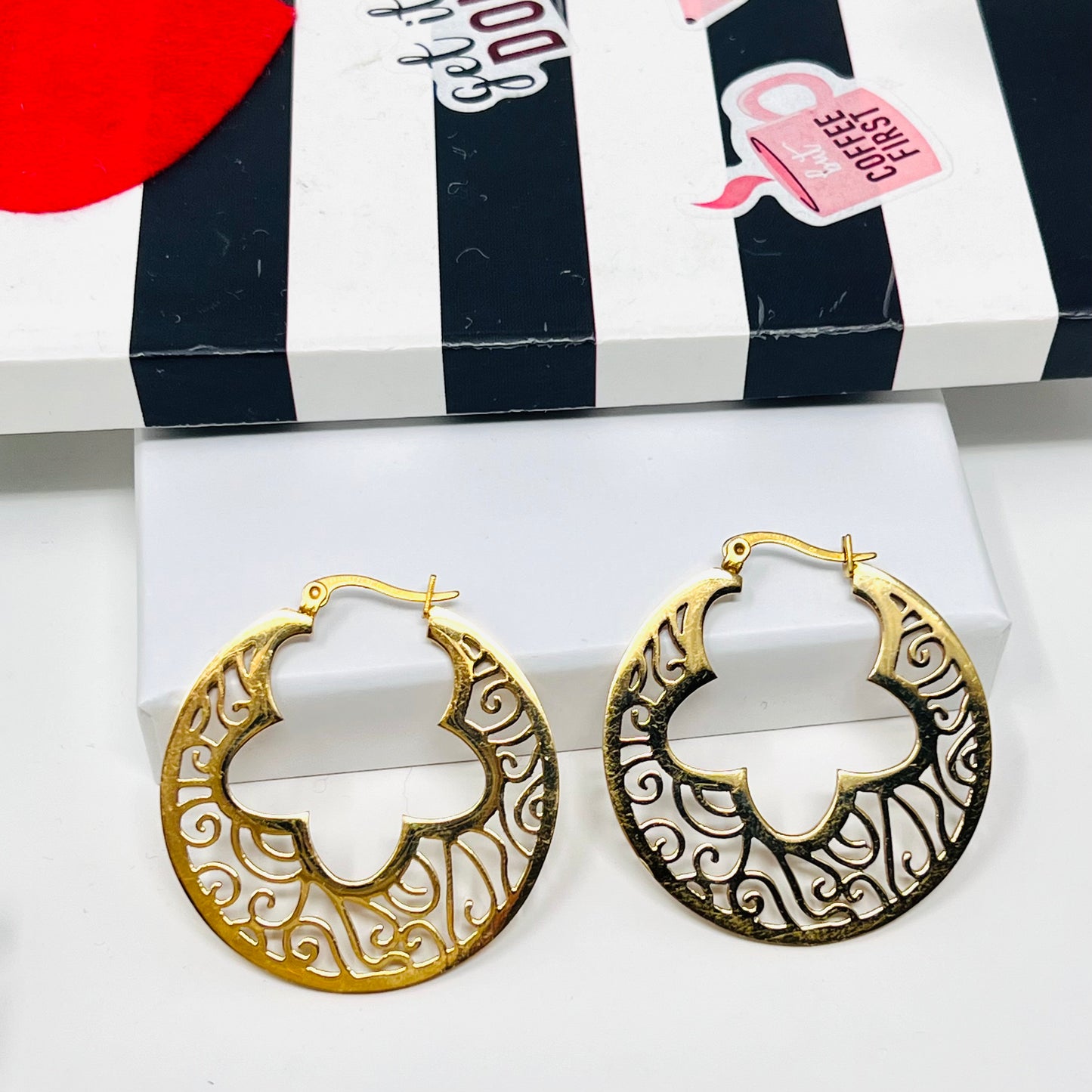 Gold stainless steel hoops, Filigree Hoop Earrings, Dainty Hoops Earrings For Women