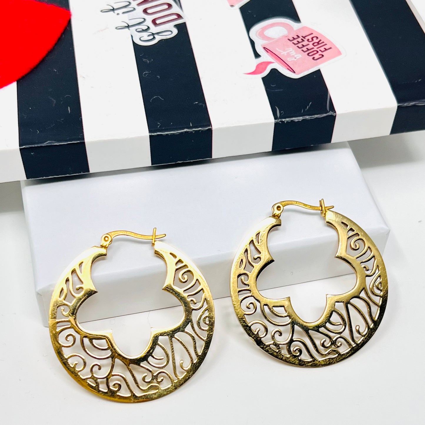 Gold stainless steel hoops, Filigree Hoop Earrings, Dainty Hoops Earrings For Women