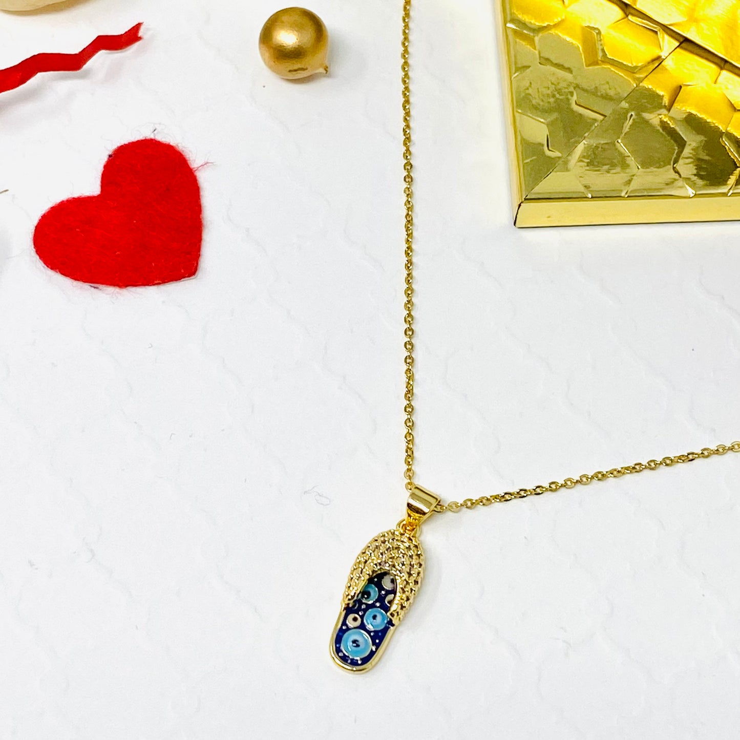 Evil Eye Gold Plated Necklace, Slipper Charm Necklace