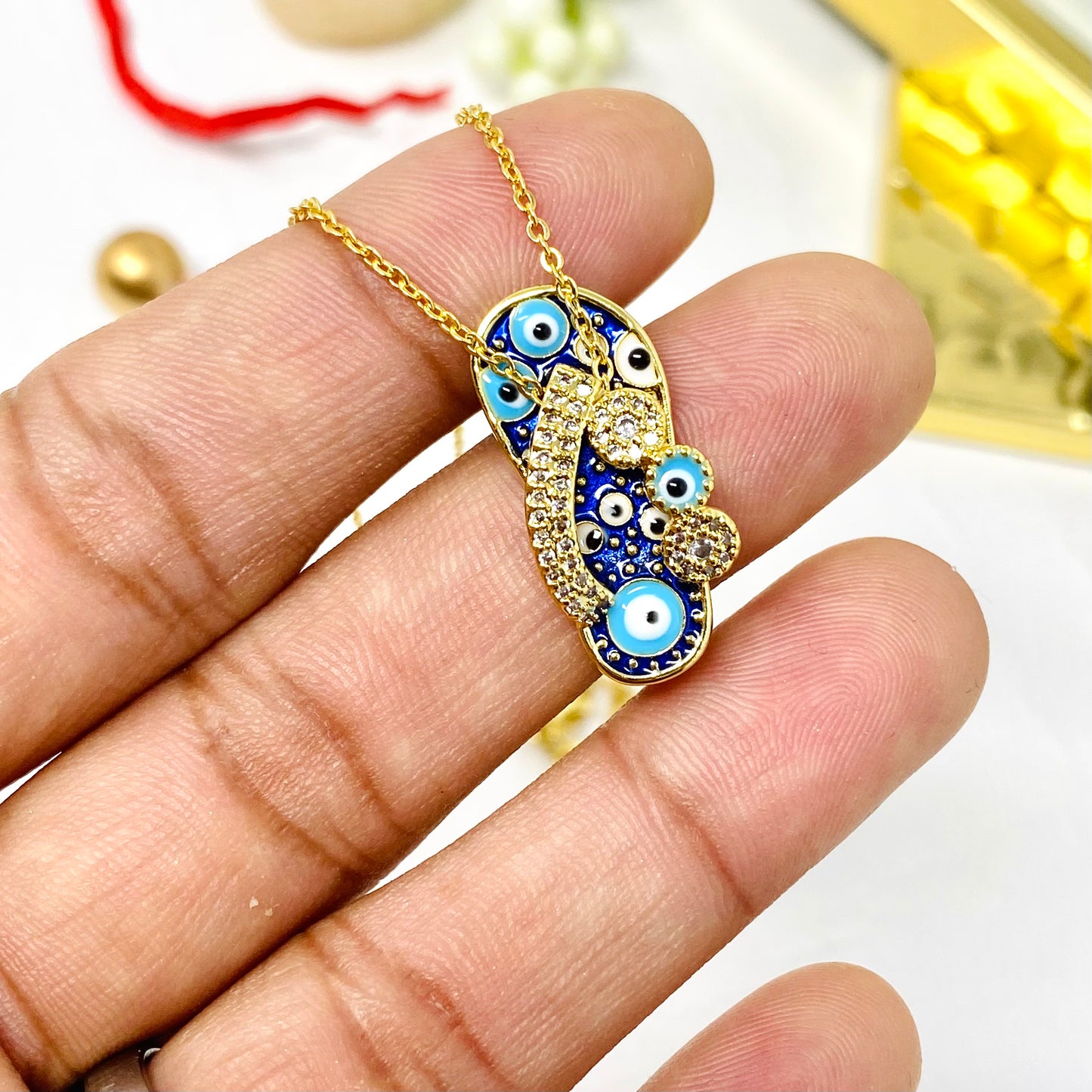Evil Eye Gold Plated Necklace, Slipper Charm Necklace