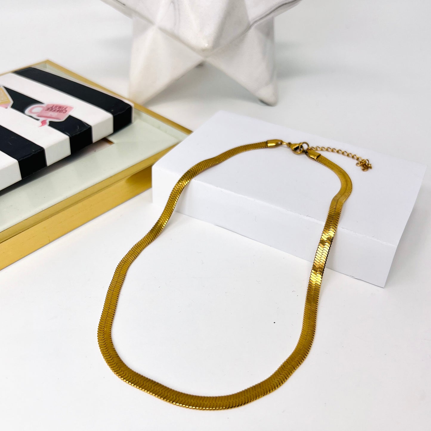 Gold snake chain, Snake chain necklace, Flat Herringbone Necklace, gold collar necklace, Stainless steel jewelry