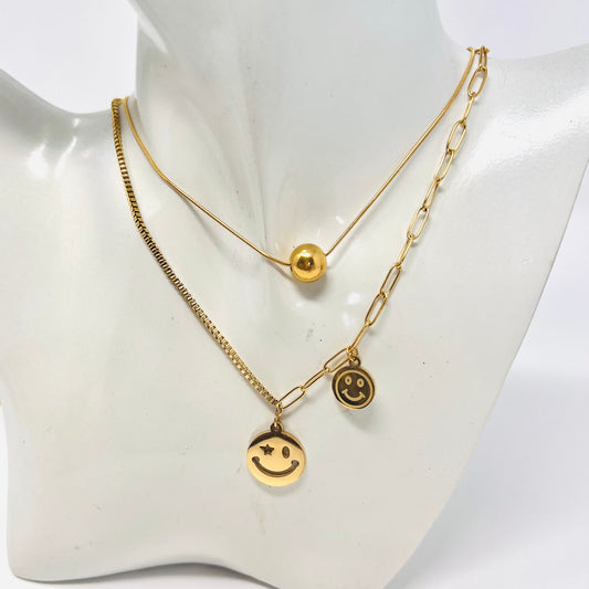 Stainless Steel Layer Necklace, Happy Faces Necklace, Gold Chain Necklace