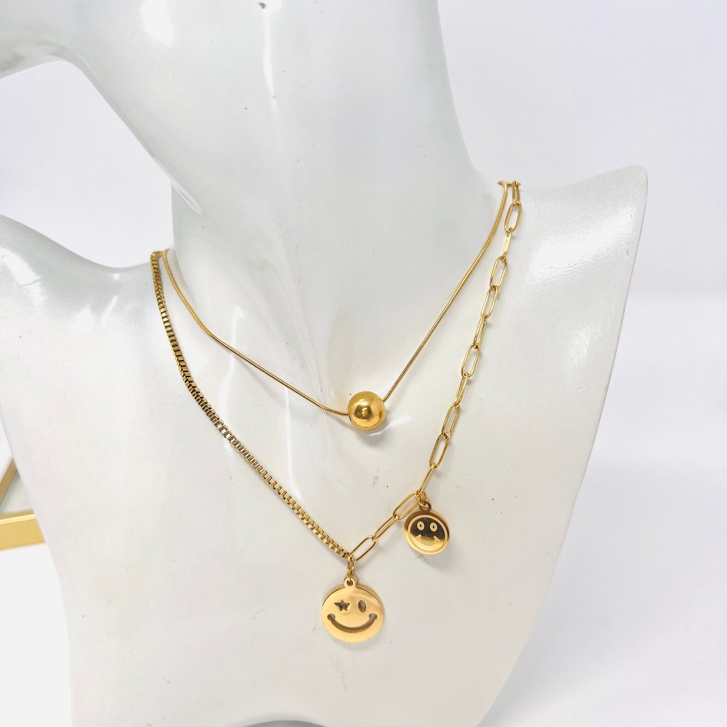Stainless Steel Layer Necklace, Happy Faces Necklace, Gold Chain Necklace