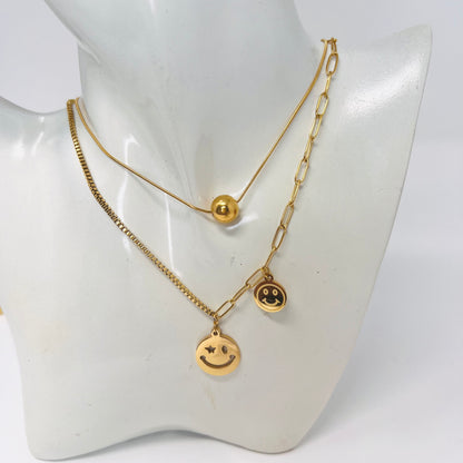 Stainless Steel Layer Necklace, Happy Faces Necklace, Gold Chain Necklace