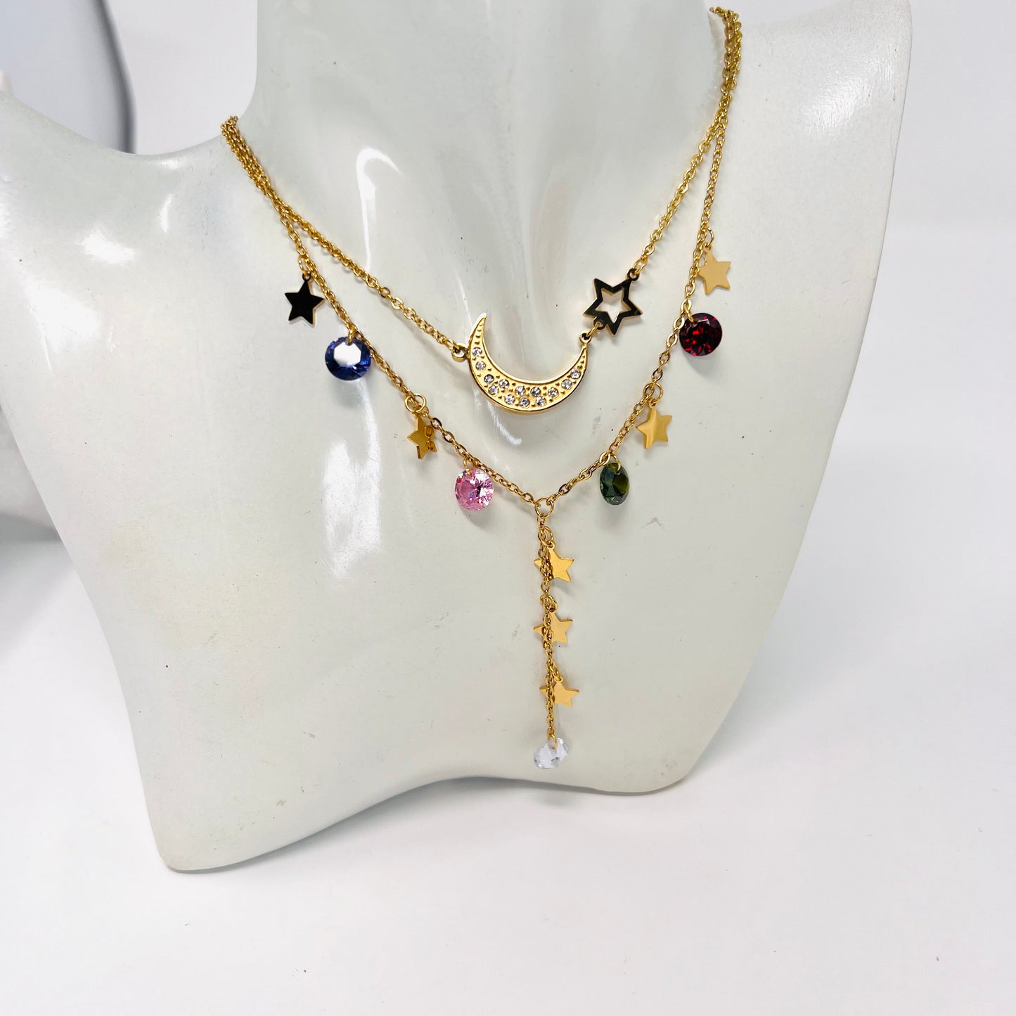 Stainless Steel Necklace Set, Moon Charm Layering Necklace