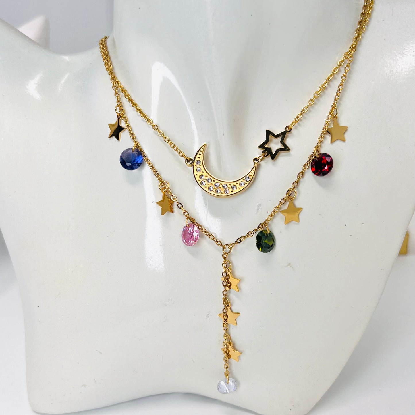 Stainless Steel Necklace Set, Moon Charm Layering Necklace