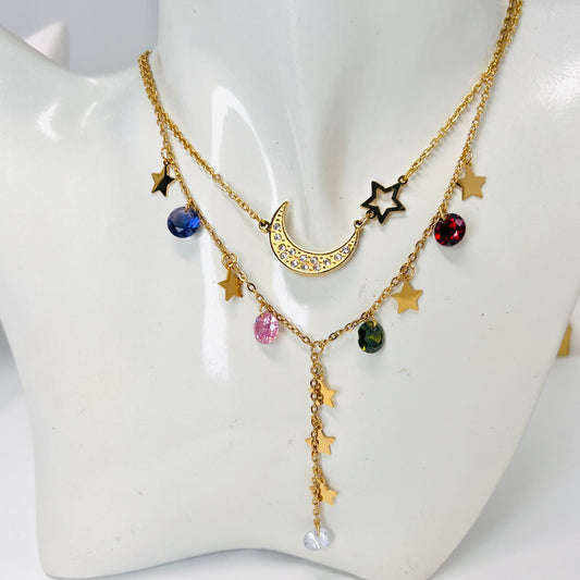 Stainless Steel Necklace Set, Moon Charm Layering Necklace
