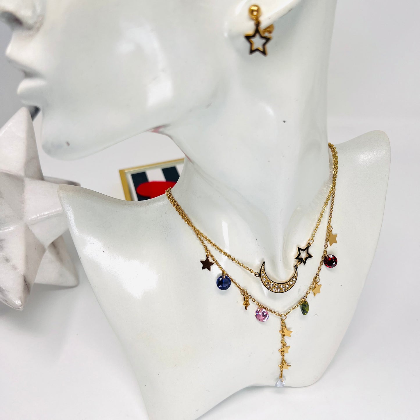 Stainless Steel Necklace Set, Moon Charm Layering Necklace