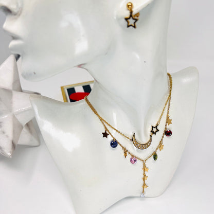 Stainless Steel Necklace Set, Moon Charm Layering Necklace