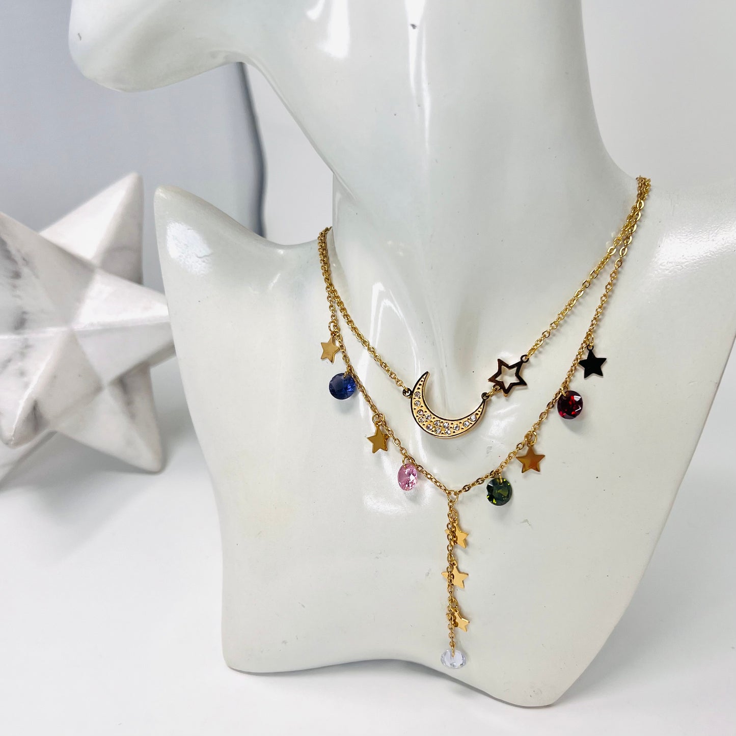 Stainless Steel Necklace Set, Moon Charm Layering Necklace