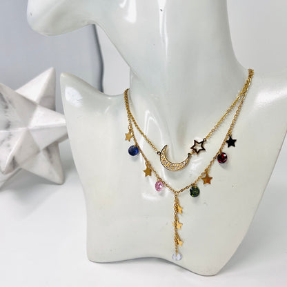 Stainless Steel Necklace Set, Moon Charm Layering Necklace