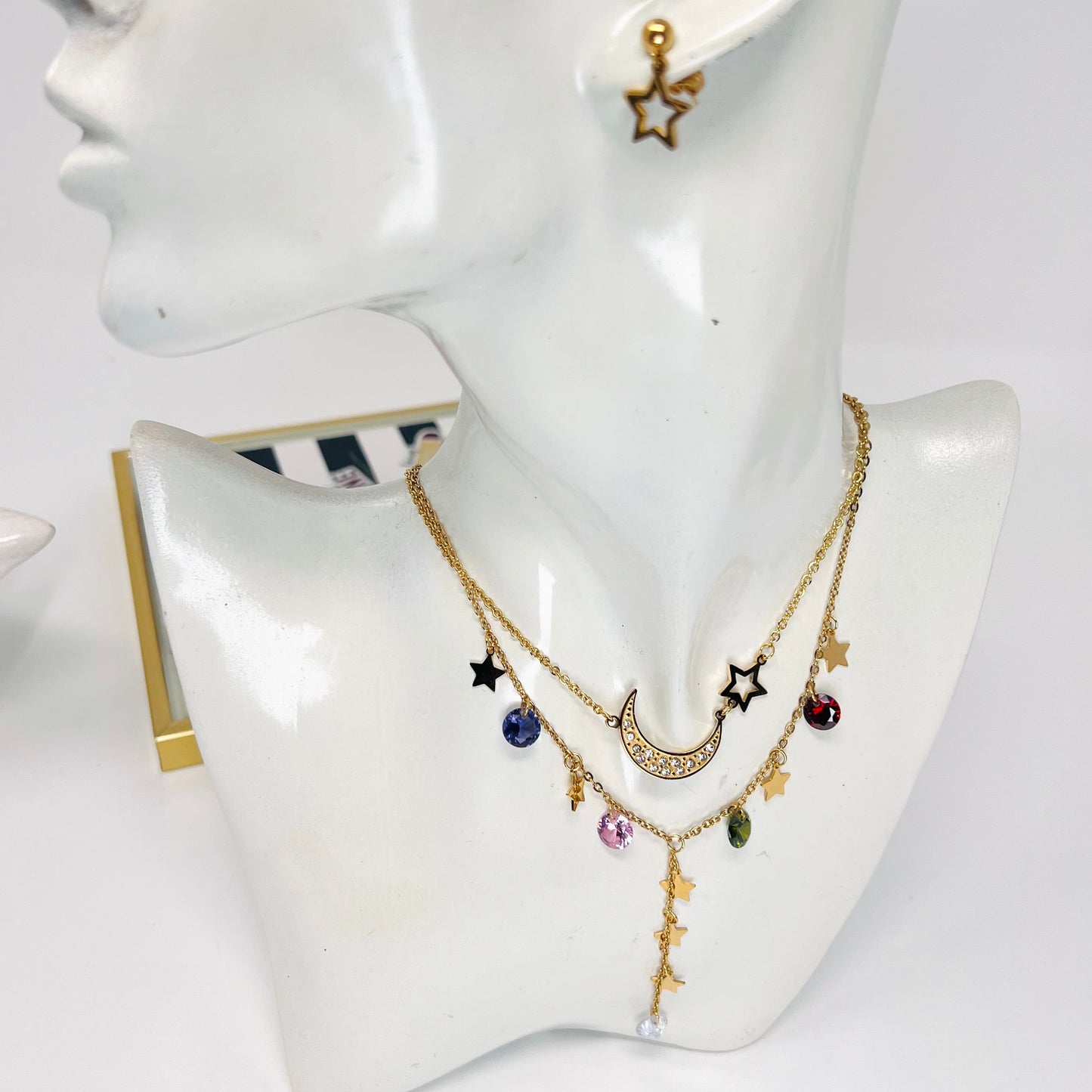 Stainless Steel Necklace Set, Moon Charm Layering Necklace