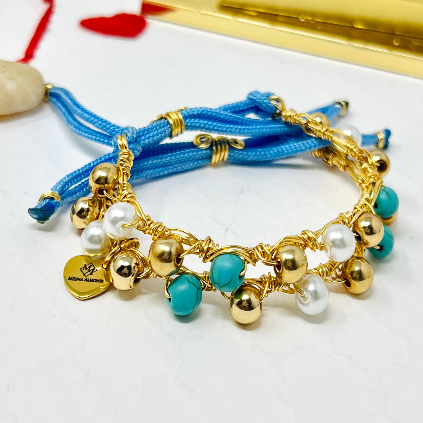 Pearl And Turquoise Beaded Bracelet, Handmade Adjustable Gold Bracelet