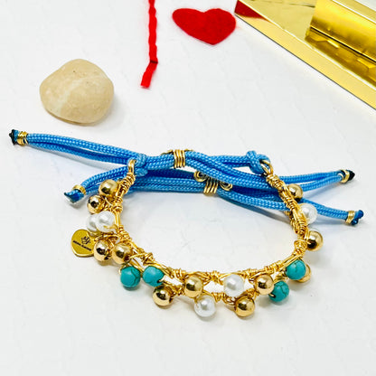 Pearl And Turquoise Beaded Bracelet, Handmade Adjustable Gold Bracelet
