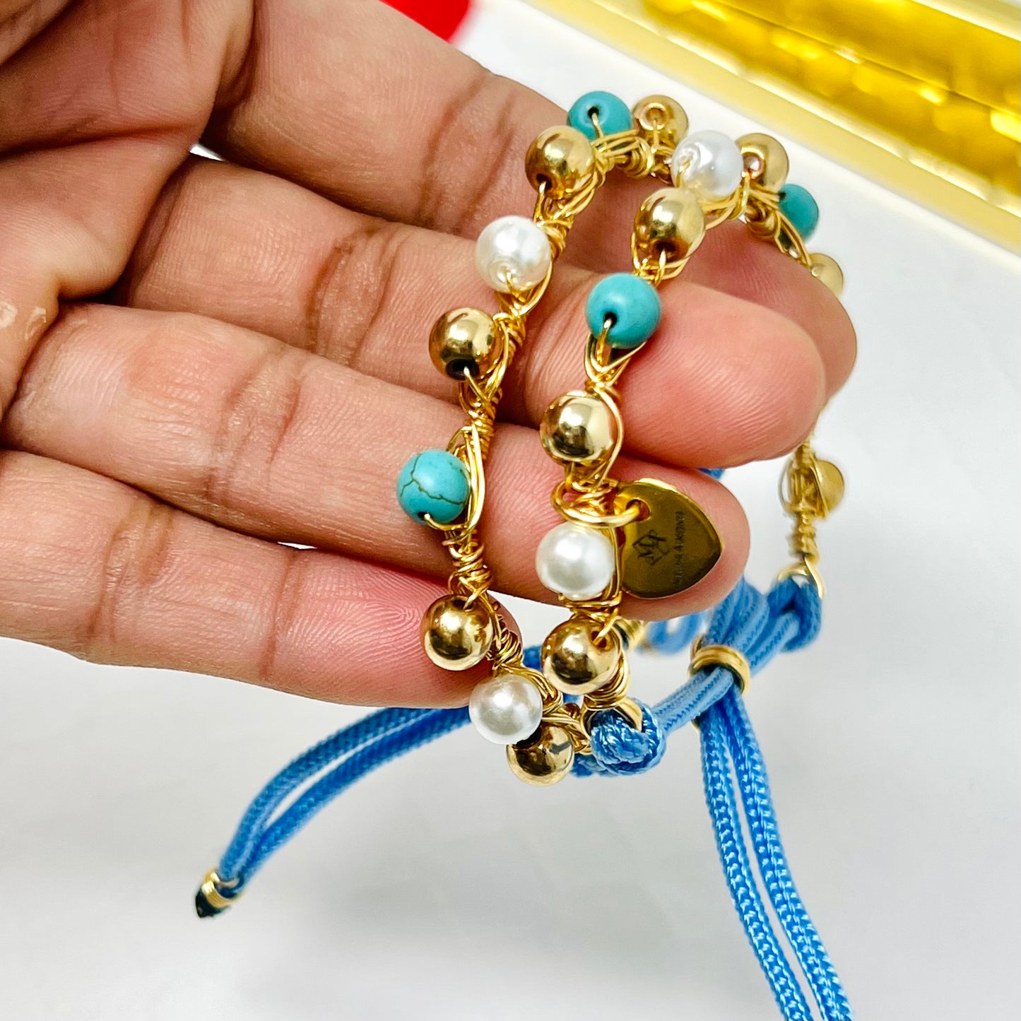 Pearl And Turquoise Beaded Bracelet, Handmade Adjustable Gold Bracelet