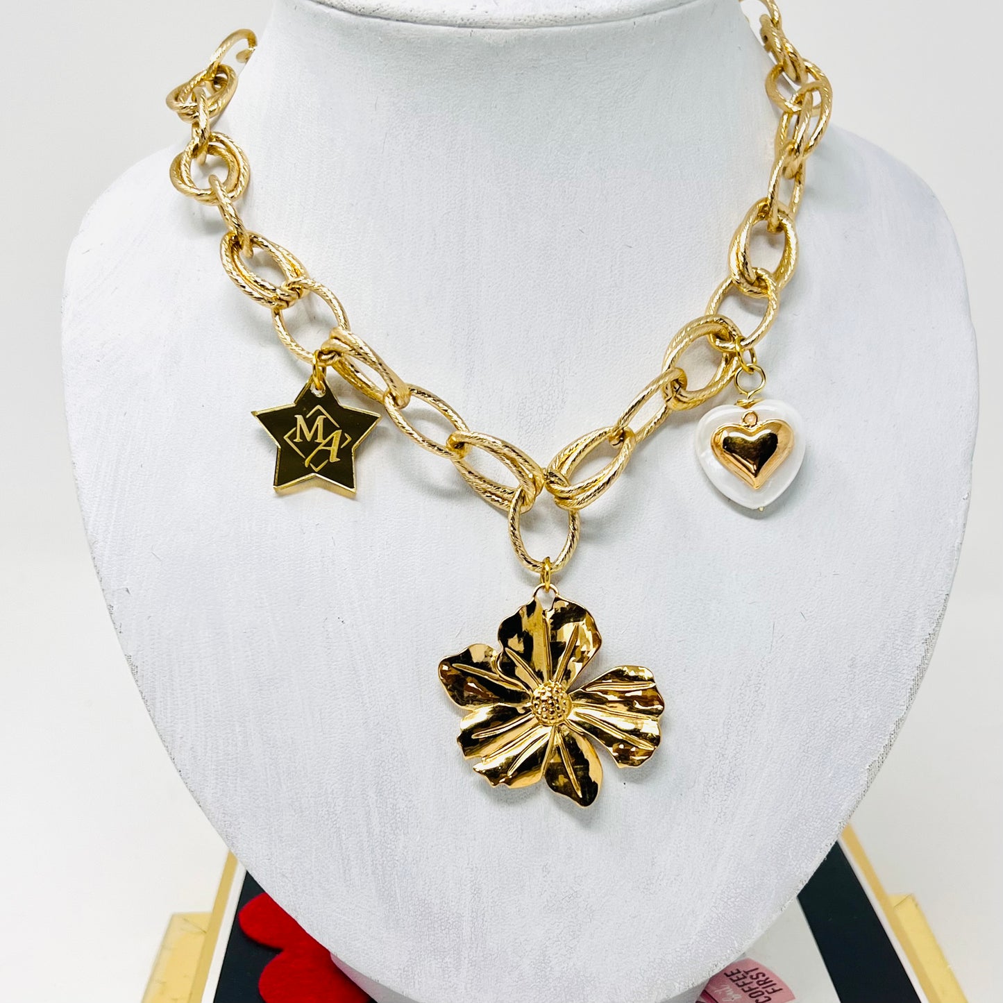 Flower Pendant Necklace, Gold Charm Necklace, Handmade Gold Plated Necklace for Women