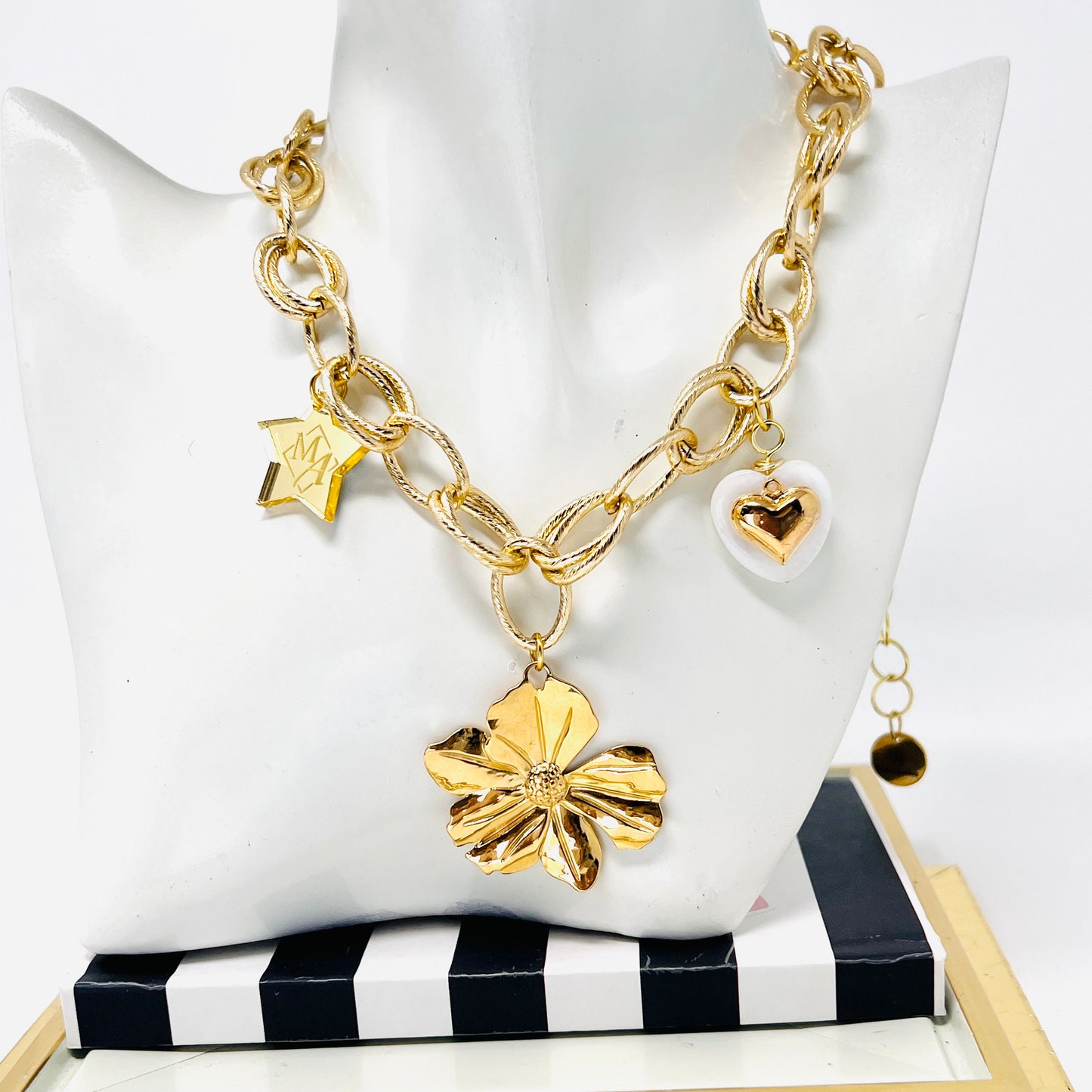 Flower Pendant Necklace, Gold Charm Necklace, Handmade Gold Plated Necklace for Women