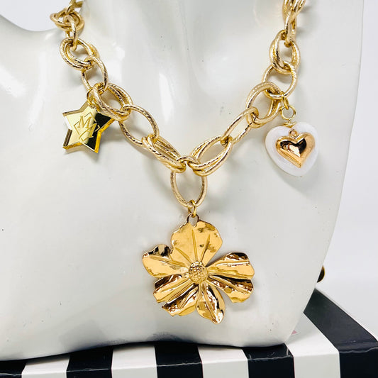 Flower Pendant Necklace, Gold Charm Necklace, Handmade Gold Plated Necklace for Women
