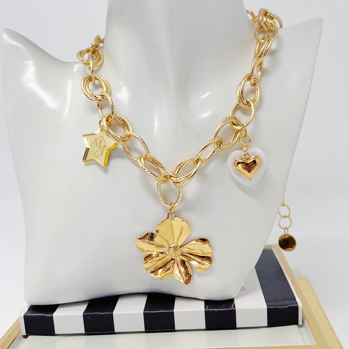 Flower Pendant Necklace, Gold Charm Necklace, Handmade Gold Plated Necklace for Women