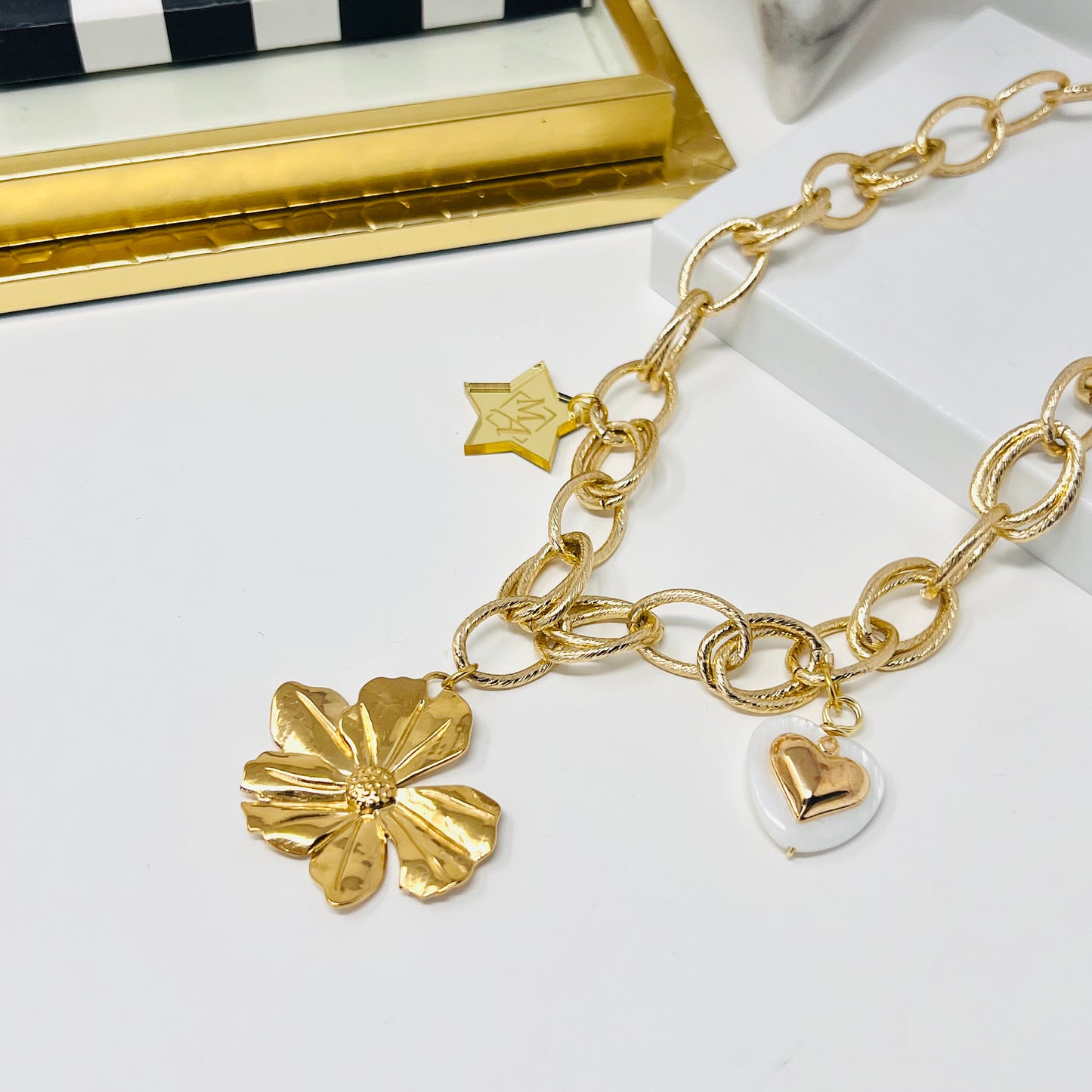 Flower Pendant Necklace, Gold Charm Necklace, Handmade Gold Plated Necklace for Women
