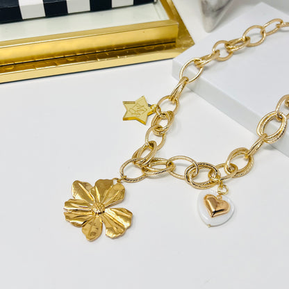 Flower Pendant Necklace, Gold Charm Necklace, Handmade Gold Plated Necklace for Women