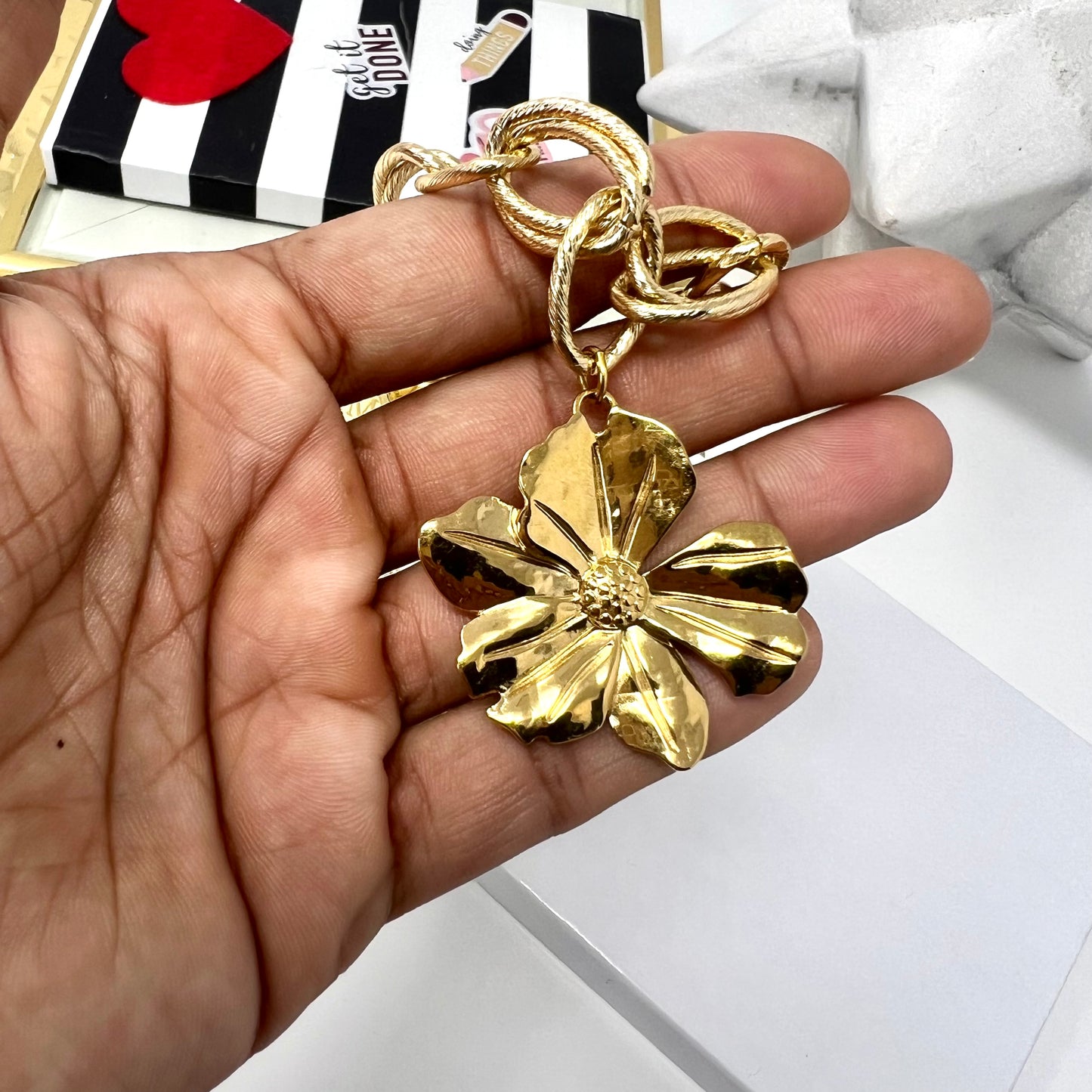Flower Pendant Necklace, Gold Charm Necklace, Handmade Gold Plated Necklace for Women