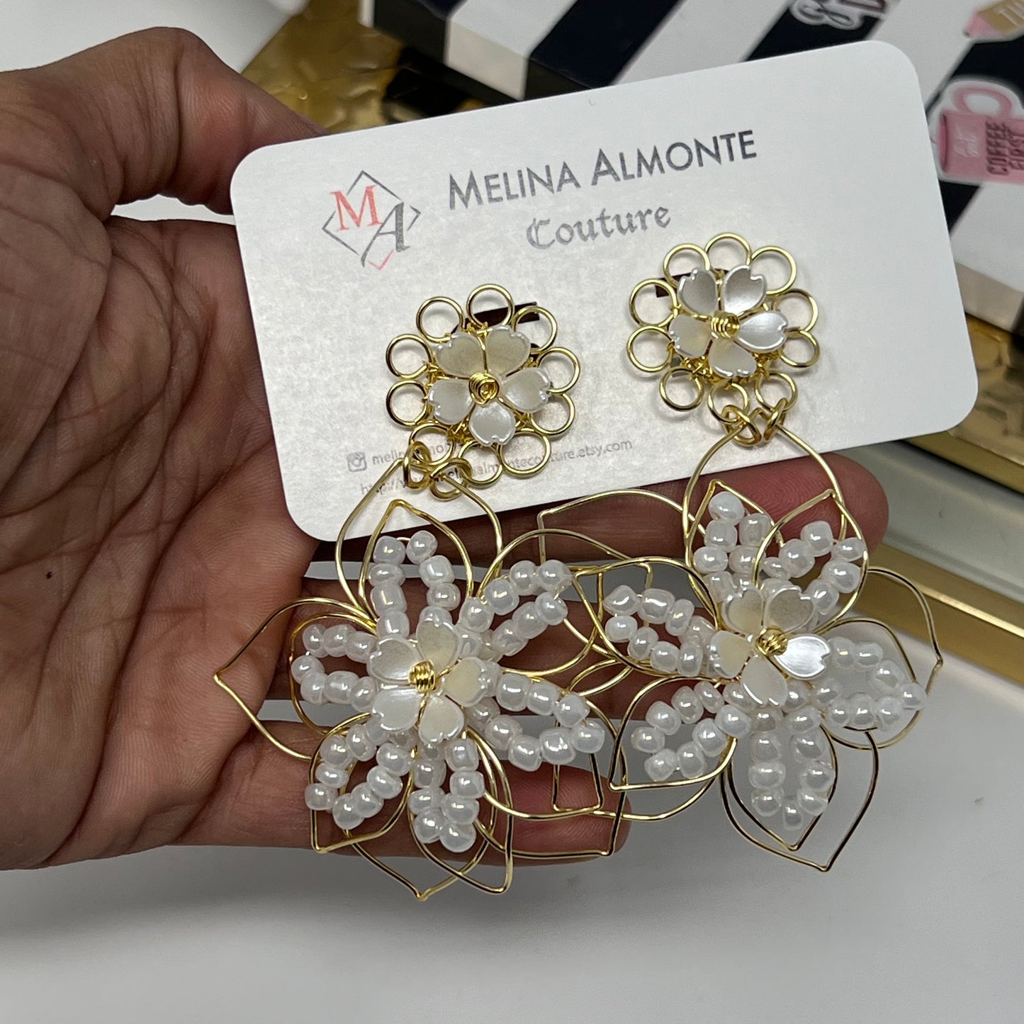 Handmade flower earring with natural pearl for women