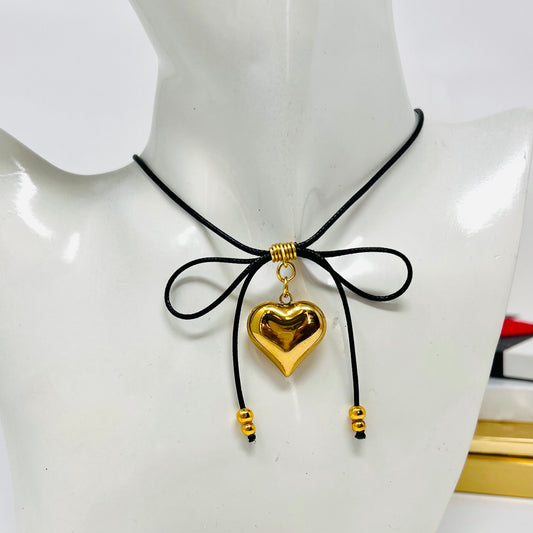 Bow necklace, bow black choker, coquette jewelry, gold plated bow necklace, leather cord necklace gift for her, gift for mom