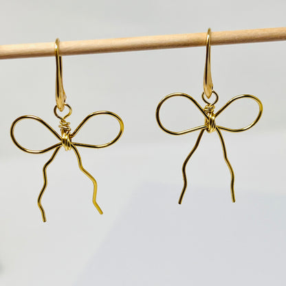 Bow Earrings, gold bow earrings, ribbon earrings, coquette jewelry, coquette earring, minimalist earrings, wire earring, dangle earring bows