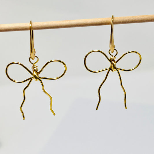 Bow Earrings, gold bow earrings, ribbon earrings, coquette jewelry, coquette earring, minimalist earrings, wire earring, dangle earring bows