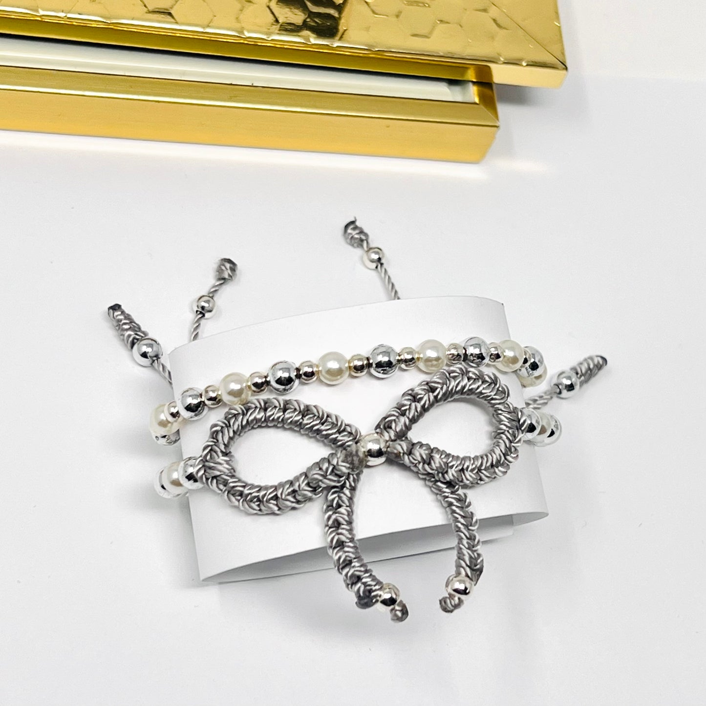 Silver bow bracelet, Pearl bow bracelet Set, Knot bracelet, coquette jewelry, y2k bracelet bows, coquette bow, Gold bow bracelet