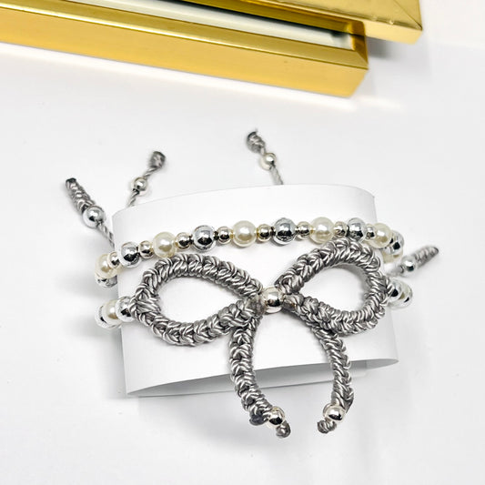 Silver bow bracelet, Pearl bow bracelet Set, Knot bracelet, coquette jewelry, y2k bracelet bows, coquette bow, Gold bow bracelet