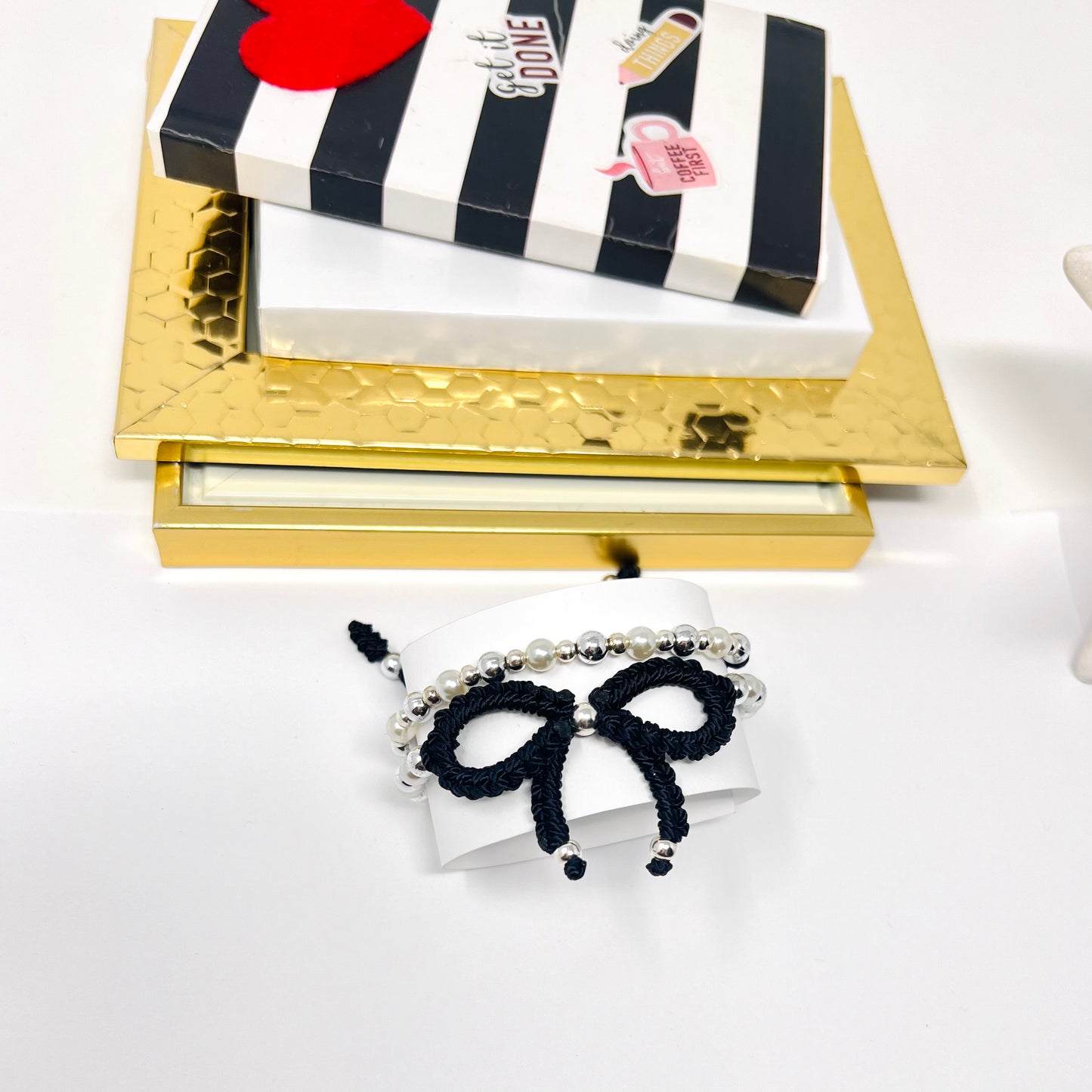 Black Silver bow bracelet, Pearl bow bracelet Set, Knot bracelet, coquette jewelry, y2k bracelet bows, coquette bow, Gold bow bracelet