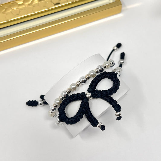 Black Silver bow bracelet, Pearl bow bracelet Set, Knot bracelet, coquette jewelry, y2k bracelet bows, coquette bow, Gold bow bracelet