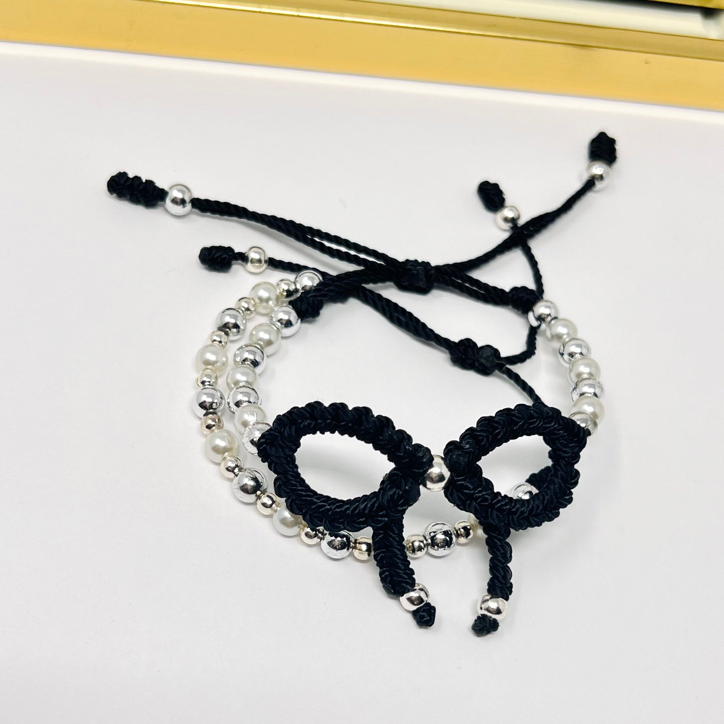 Black Silver bow bracelet, Pearl bow bracelet Set, Knot bracelet, coquette jewelry, y2k bracelet bows, coquette bow, Gold bow bracelet