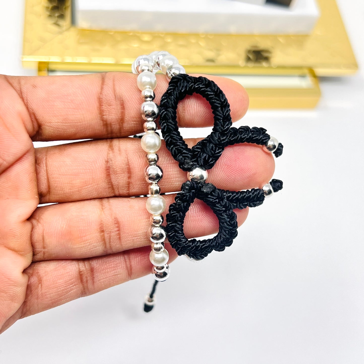 Black Silver bow bracelet, Pearl bow bracelet Set, Knot bracelet, coquette jewelry, y2k bracelet bows, coquette bow, Gold bow bracelet