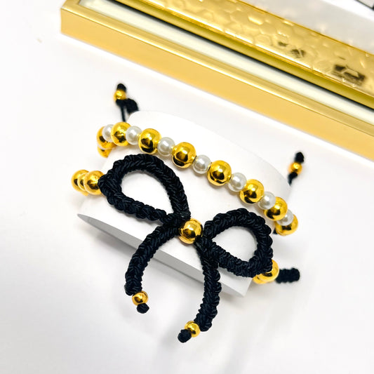 Black Gold  Bow Bracelet, Pearl bow bracelet Set, Knot bracelet, coquette jewelry, y2k bracelet bows, coquette bow, Gold bow bracelet