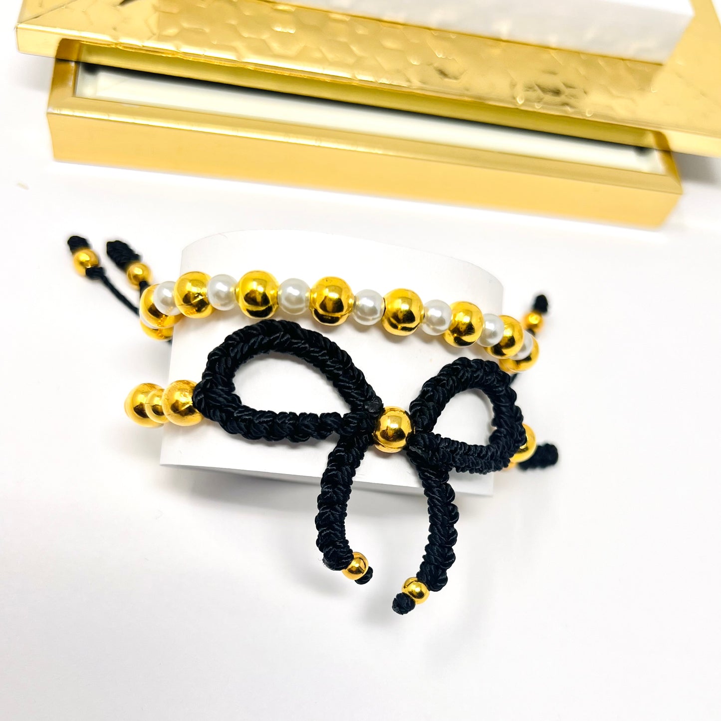 Black Gold  Bow Bracelet, Pearl bow bracelet Set, Knot bracelet, coquette jewelry, y2k bracelet bows, coquette bow, Gold bow bracelet