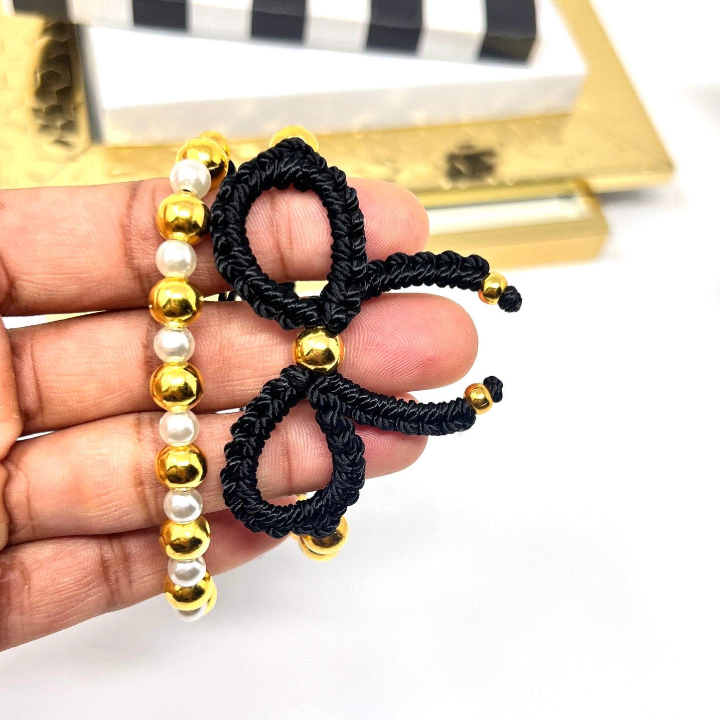 Black Gold  Bow Bracelet, Pearl bow bracelet Set, Knot bracelet, coquette jewelry, y2k bracelet bows, coquette bow, Gold bow bracelet