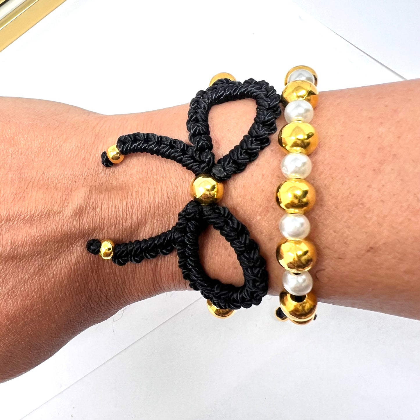 Black Gold  Bow Bracelet, Pearl bow bracelet Set, Knot bracelet, coquette jewelry, y2k bracelet bows, coquette bow, Gold bow bracelet