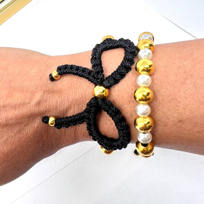 Black Gold  Bow Bracelet, Pearl bow bracelet Set, Knot bracelet, coquette jewelry, y2k bracelet bows, coquette bow, Gold bow bracelet