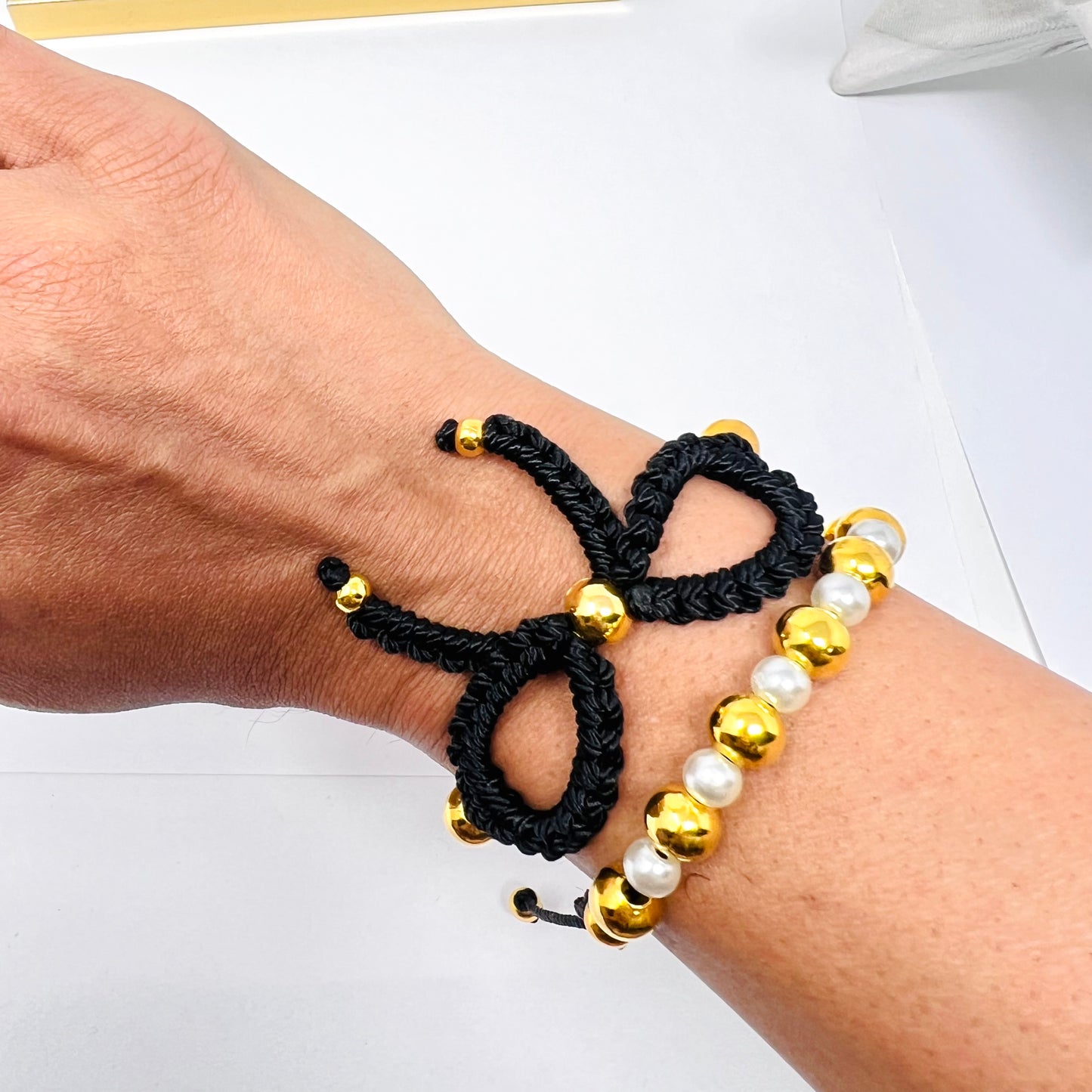 Black Gold  Bow Bracelet, Pearl bow bracelet Set, Knot bracelet, coquette jewelry, y2k bracelet bows, coquette bow, Gold bow bracelet