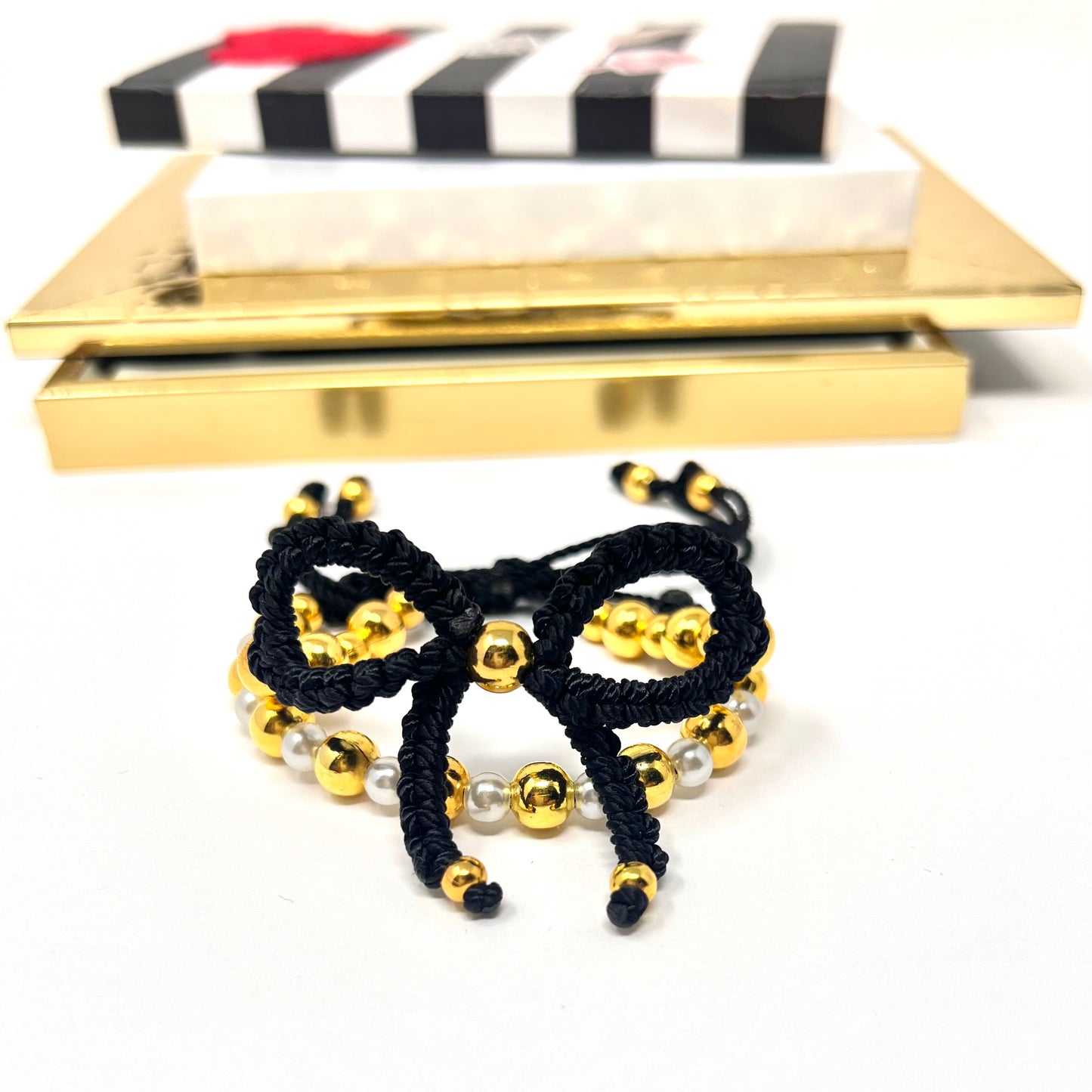 Black Gold  Bow Bracelet, Pearl bow bracelet Set, Knot bracelet, coquette jewelry, y2k bracelet bows, coquette bow, Gold bow bracelet