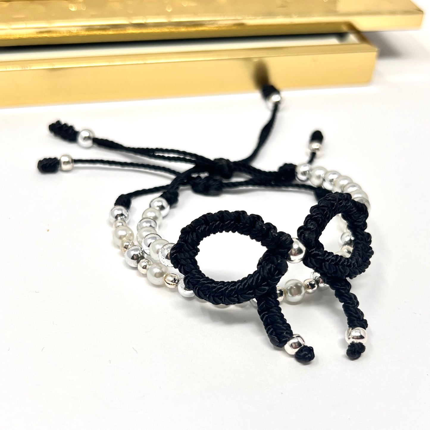 Black Silver bow bracelet, Pearl bow bracelet Set, Knot bracelet, coquette jewelry, y2k bracelet bows, coquette bow, Gold bow bracelet
